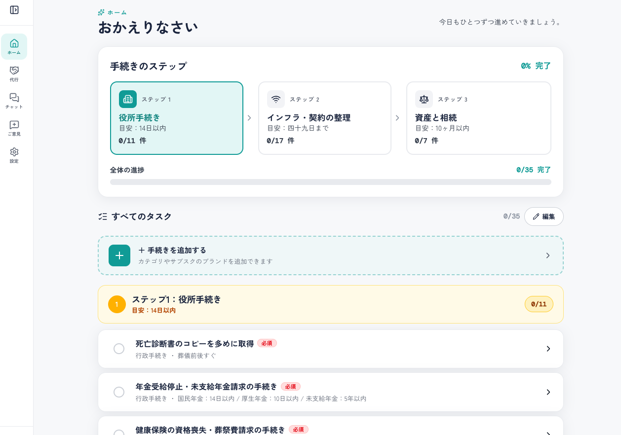 しまいの窓口 ダッシュボード画面